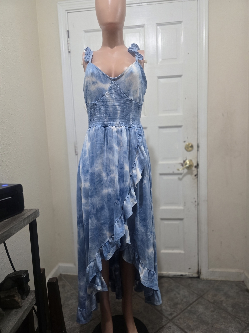 Light Blue Tie-Dye High-Low Ruffle Dress with Smocked Bodice